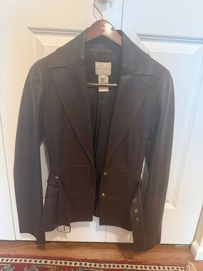 Celine Dark Brown Leather Belted Blazer Jacket